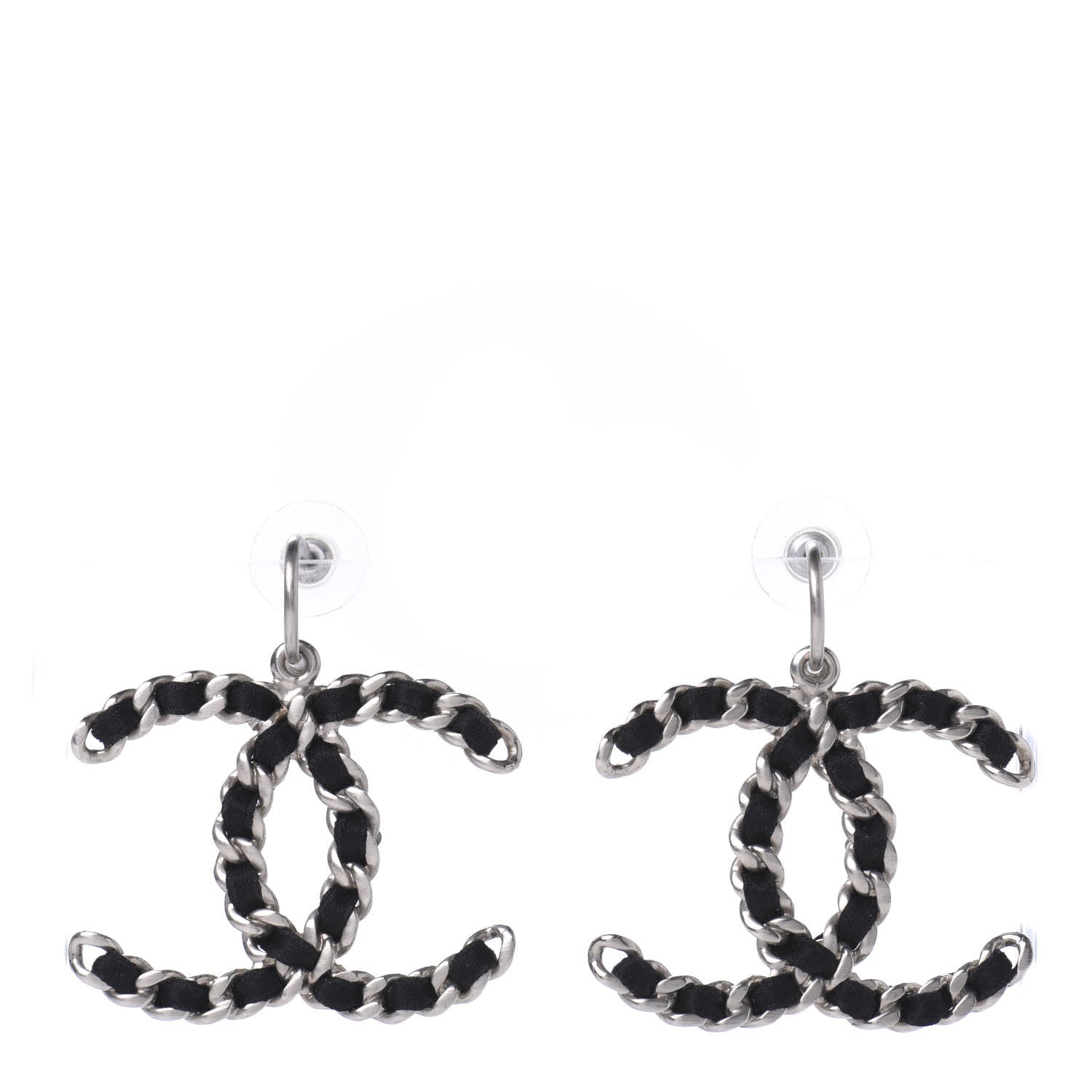 Chanel Satin CC Chain Earrings Silver Black 1 of 4