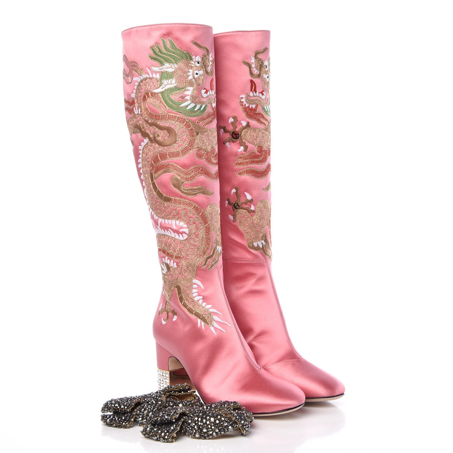Silk Satin Malaga Kid Embroidered Candy Dragon Block-Heel Knee Boot 37 Glossy Pink