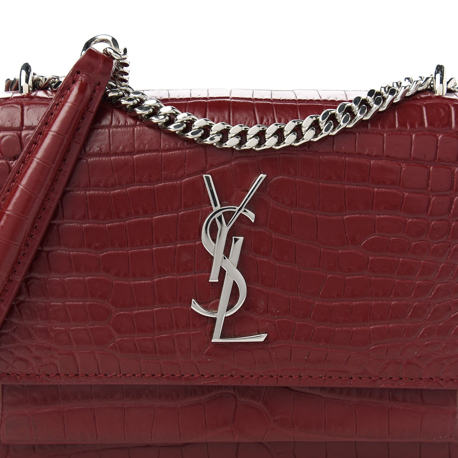 Saint Laurent Calfskin Crocodile Embossed Monogram Sunset Chain Wallet Palissandre 10 of 10