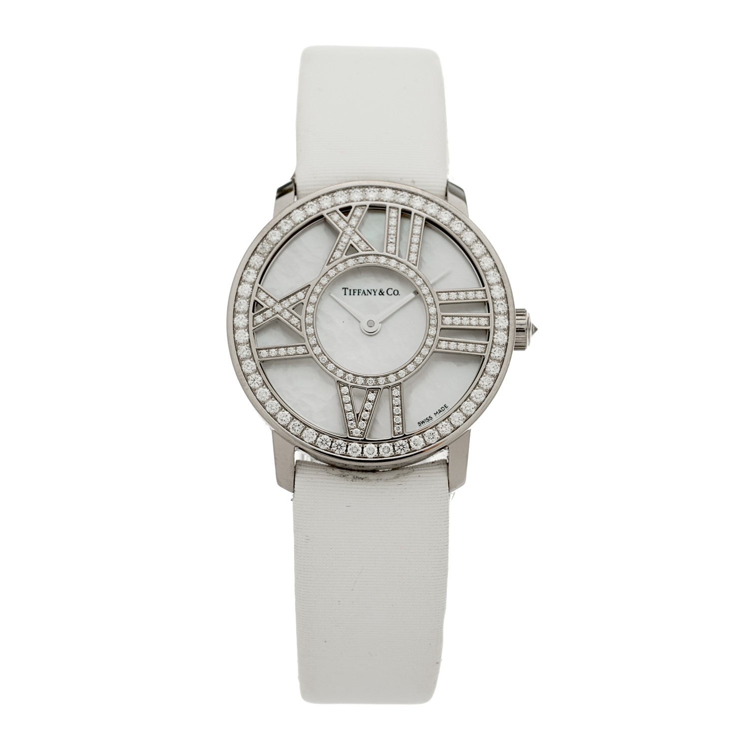 Tiffany 18K White Gold Satin Diamond Mother of Pearl 26mm Atlas Round Cocktail Quartz Watch 1 of 4