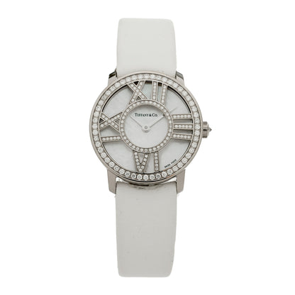 Tiffany 18K White Gold Satin Diamond Mother of Pearl 26mm Atlas Round Cocktail Quartz Watch 1 of 4