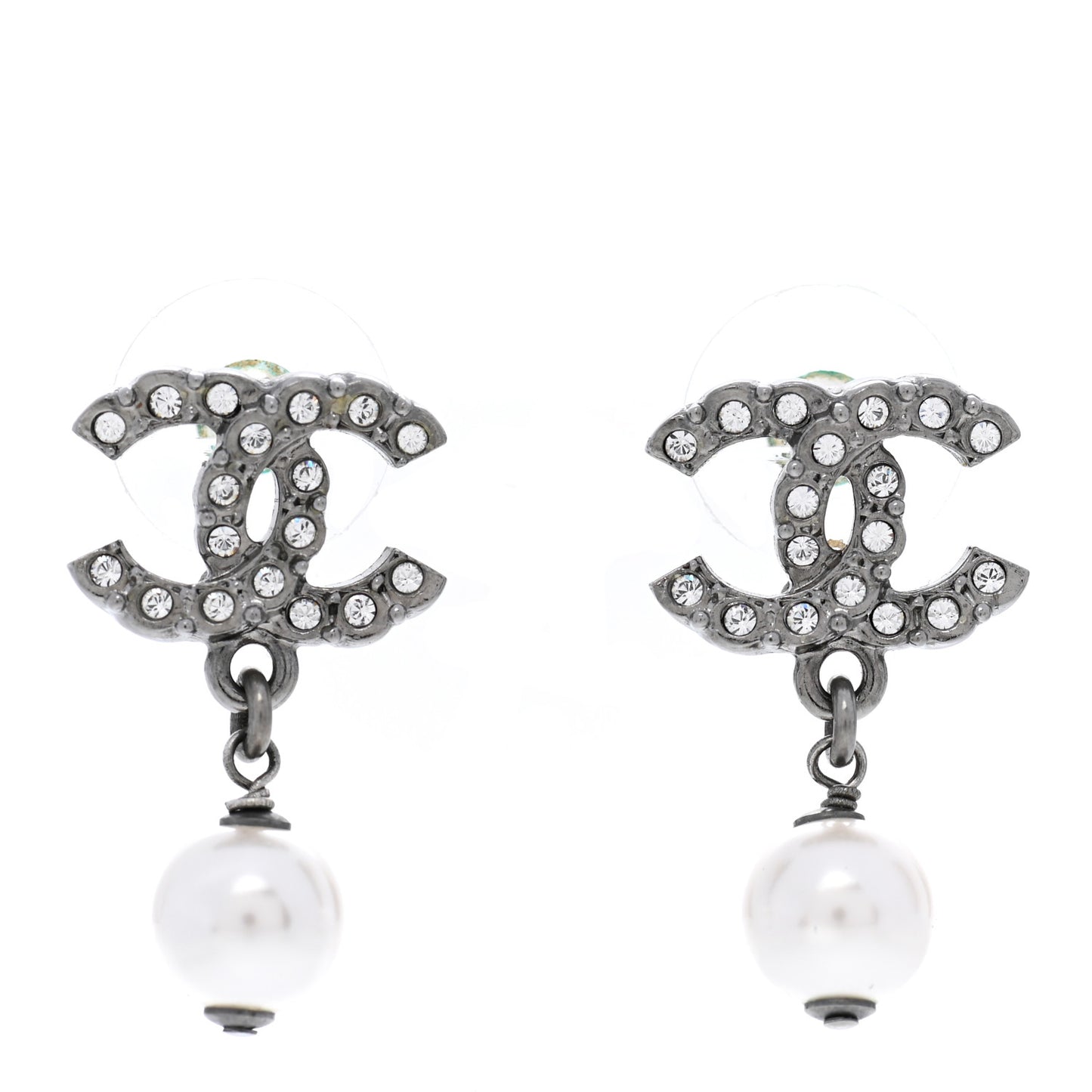 Crystal Pearl CC Drop Earrings Ruthenium