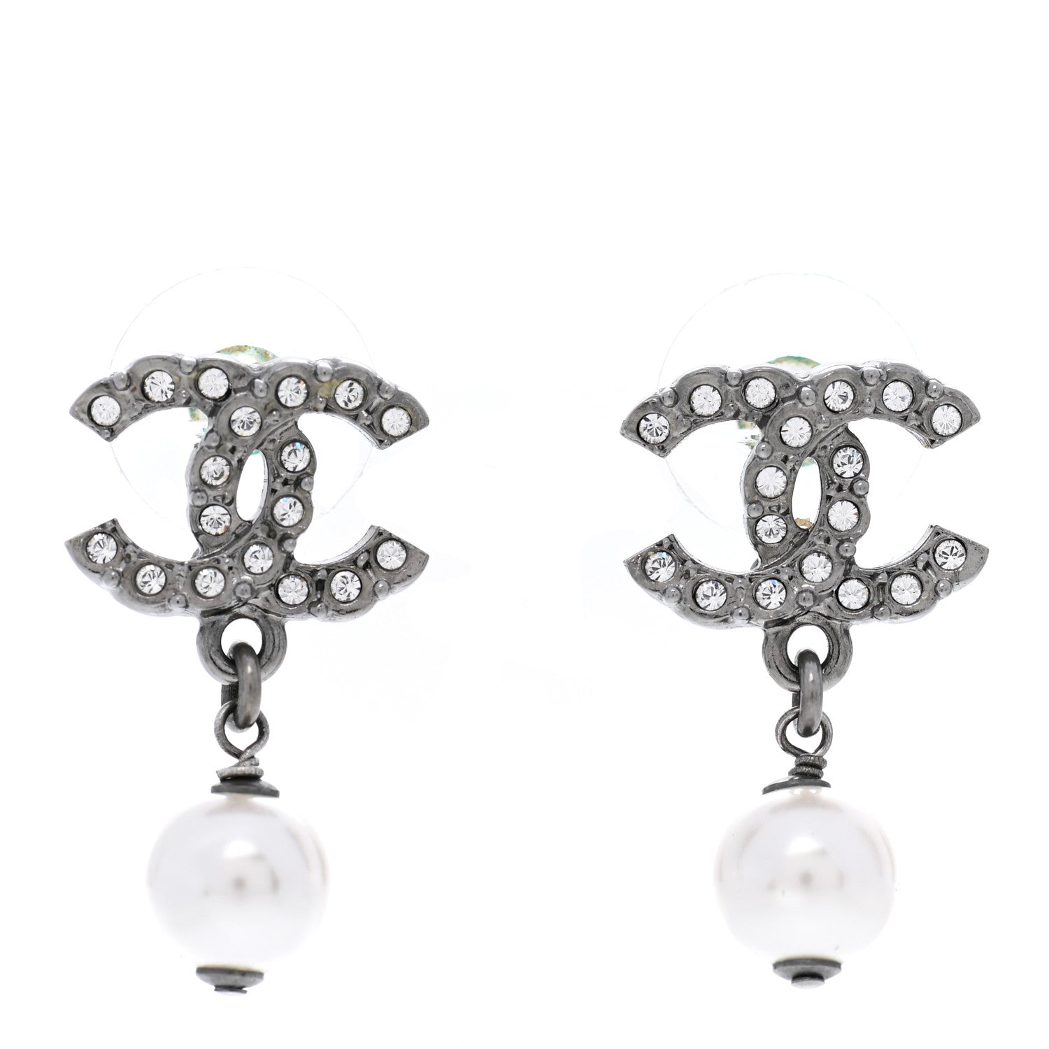 Chanel Crystal Pearl CC Drop Earrings Ruthenium 1 of 5