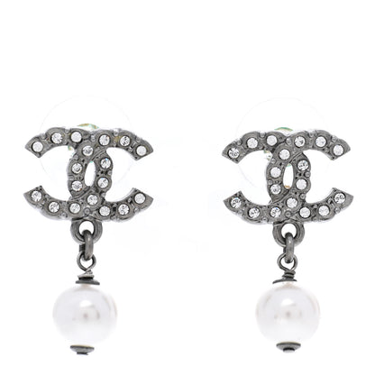 Chanel Crystal Pearl CC Drop Earrings Ruthenium 1 of 5