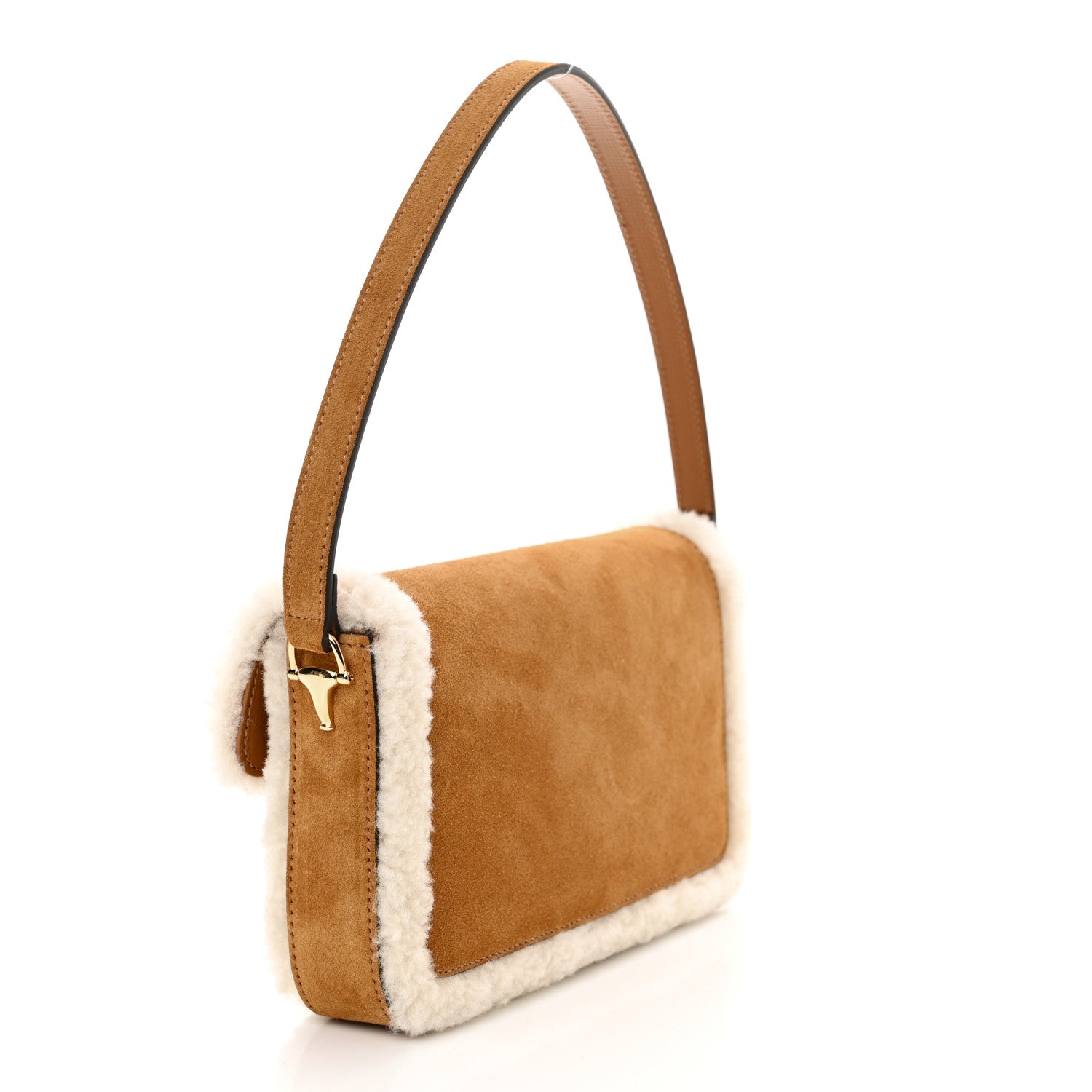 Gucci Suede Shearling Horsebit Mini 1955 Shoulder Bag Honey Beige Milk 3 of 10
