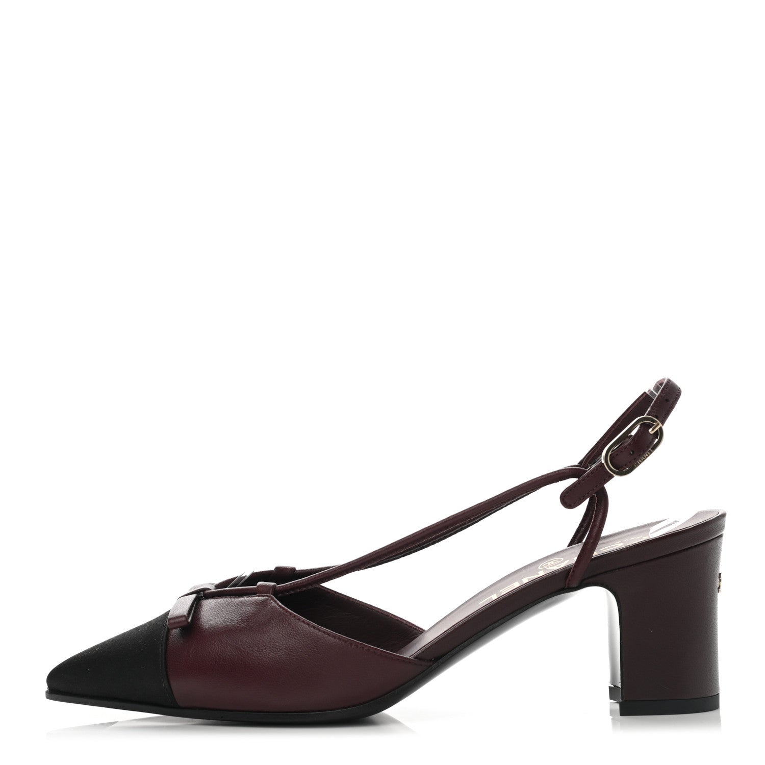 Chanel Lambskin Satin Slingback Cap Toe Bow Pumps 37.5 Burgundy Black 1 of 8