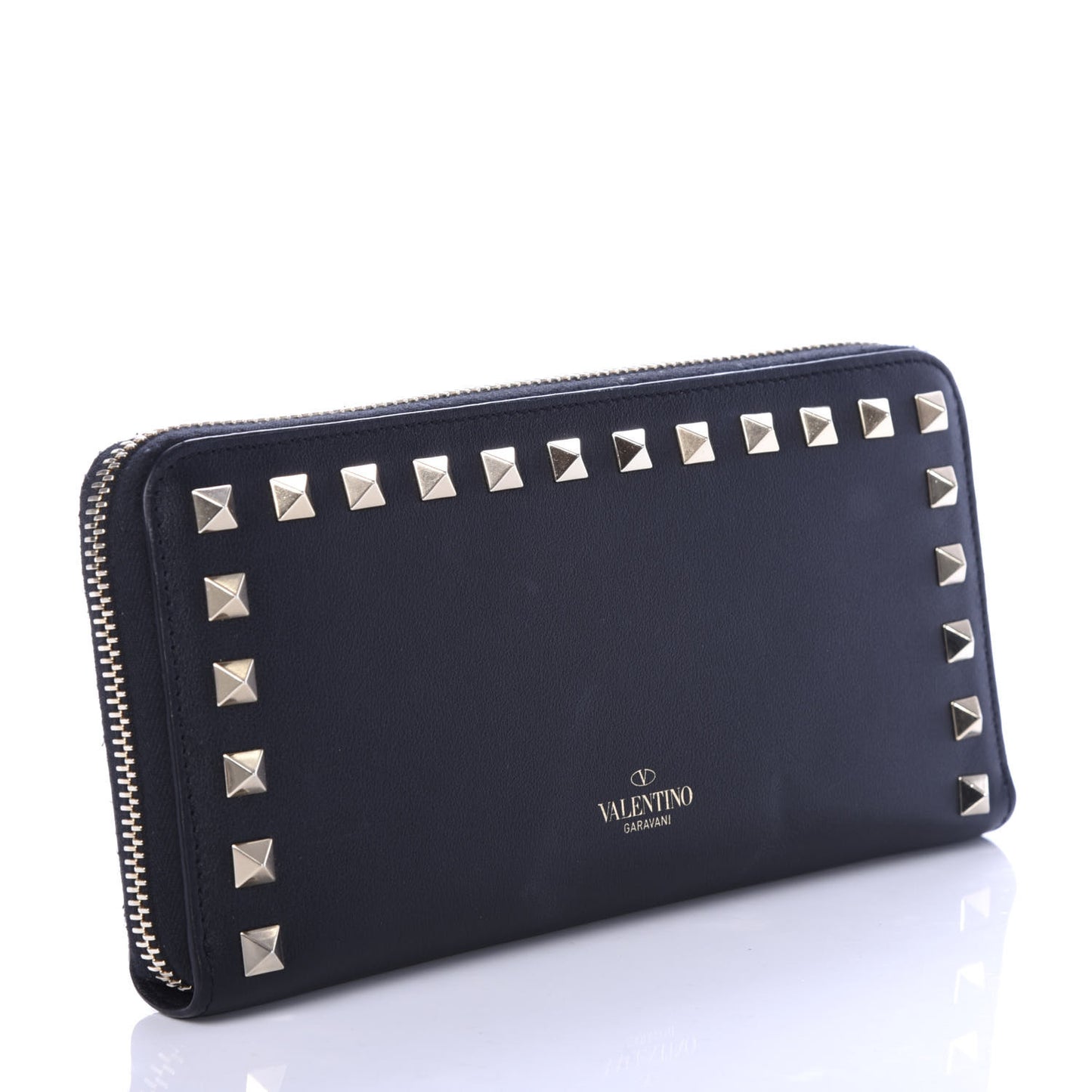 Calfskin Rockstud Zip Around Wallet Black