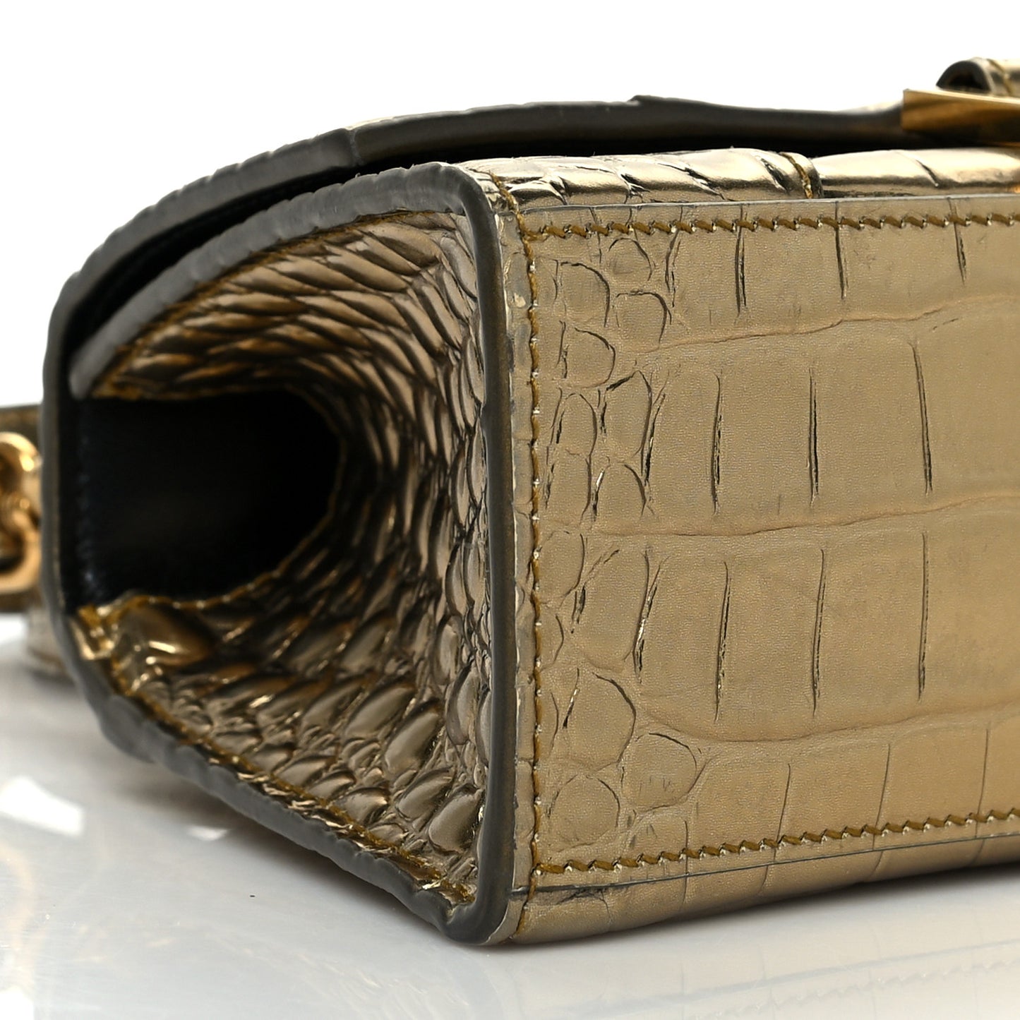 Metallic Calfskin Crocodile Embossed Hourglass Top Handle Bag XS Gold