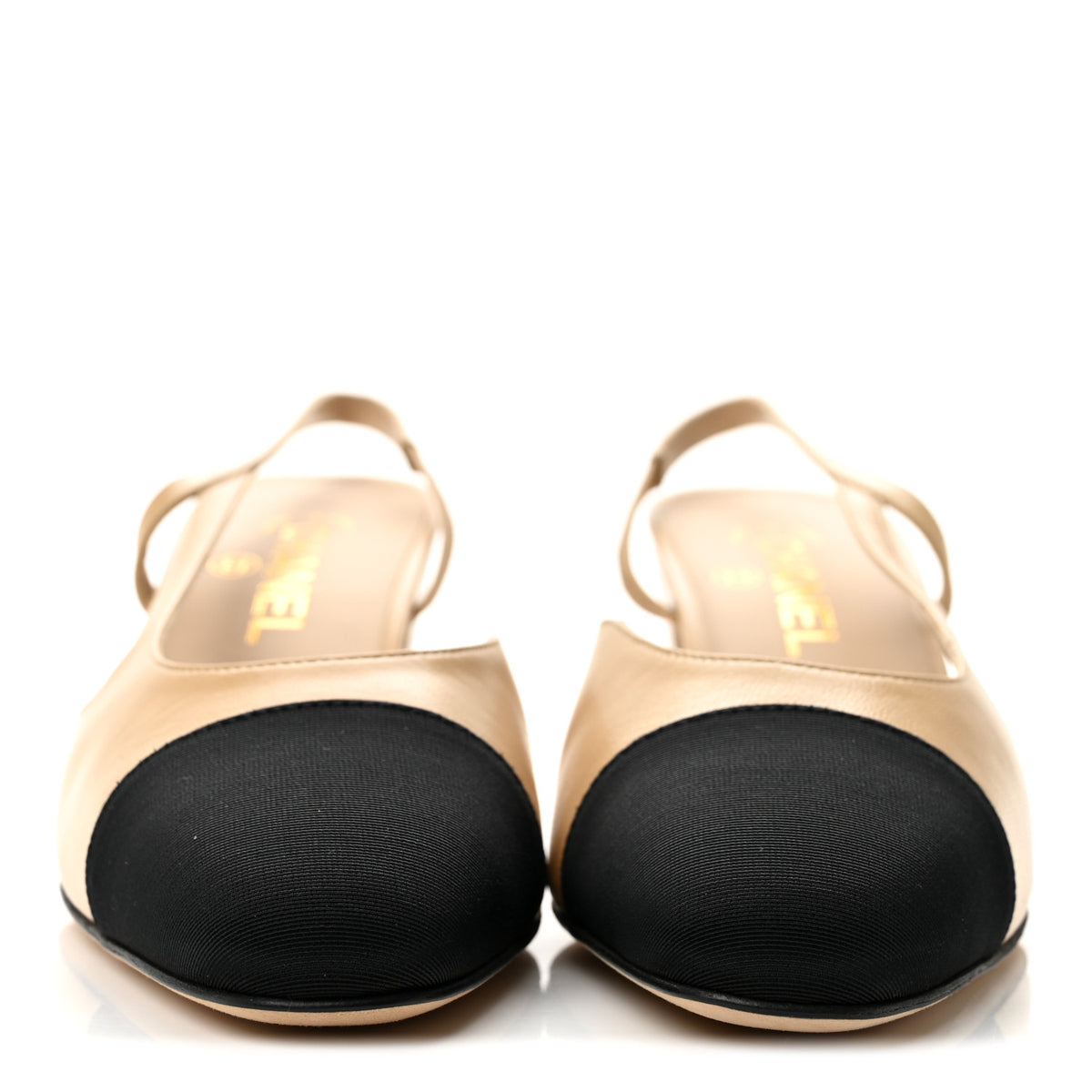 Goatskin Grosgrain Cap Toe CC Slingback Pumps 39 Beige Black