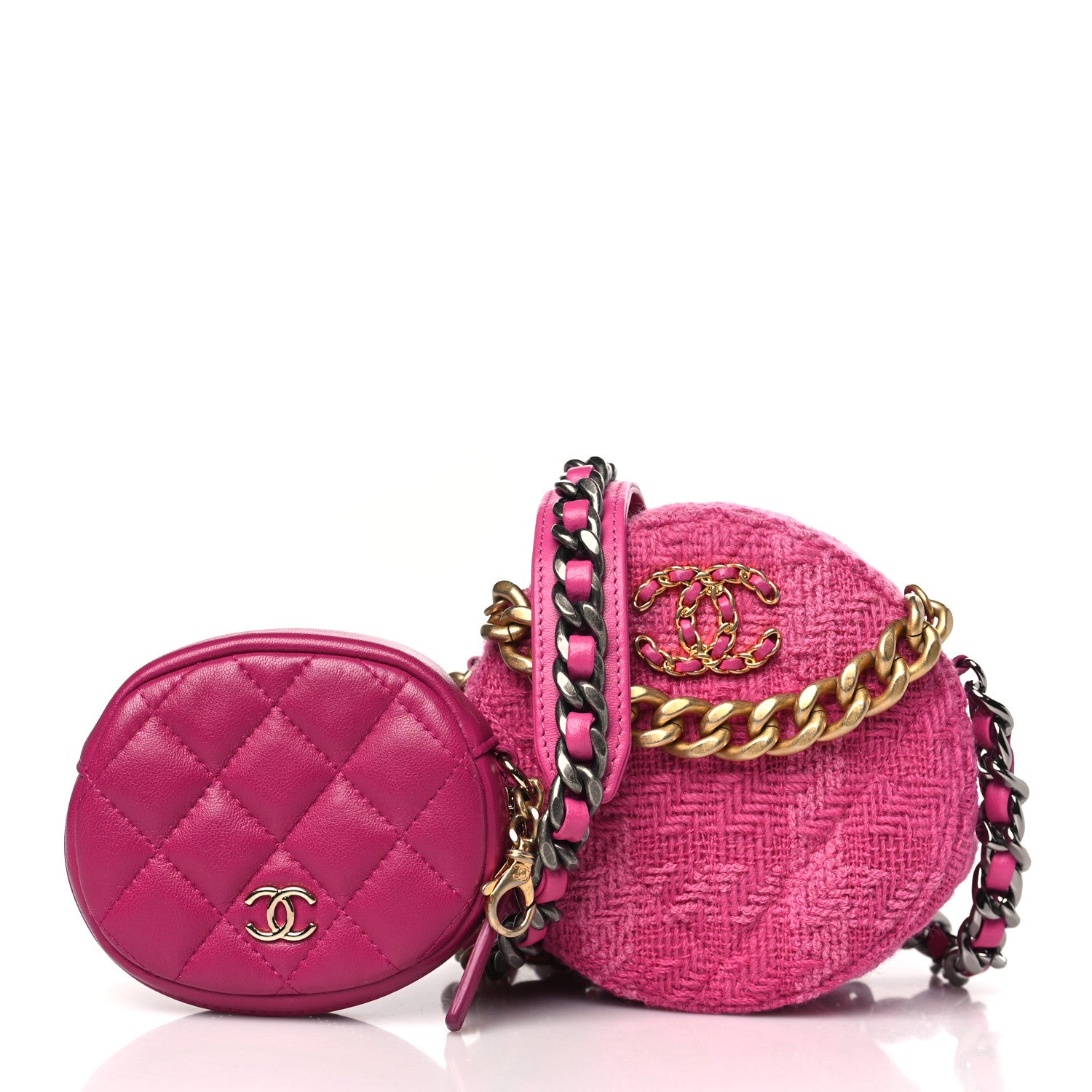 Chanel Wool Tweed Lambskin Quilted Chanel 19 Round Clutch With Chain and Coin Purse Fuchsia 3 of 11