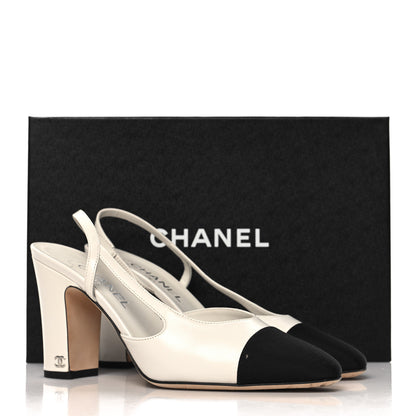 Chanel Lambskin Grosgrain Cap Toe CC Slingback Pumps 39.5 White Black 11 of 11