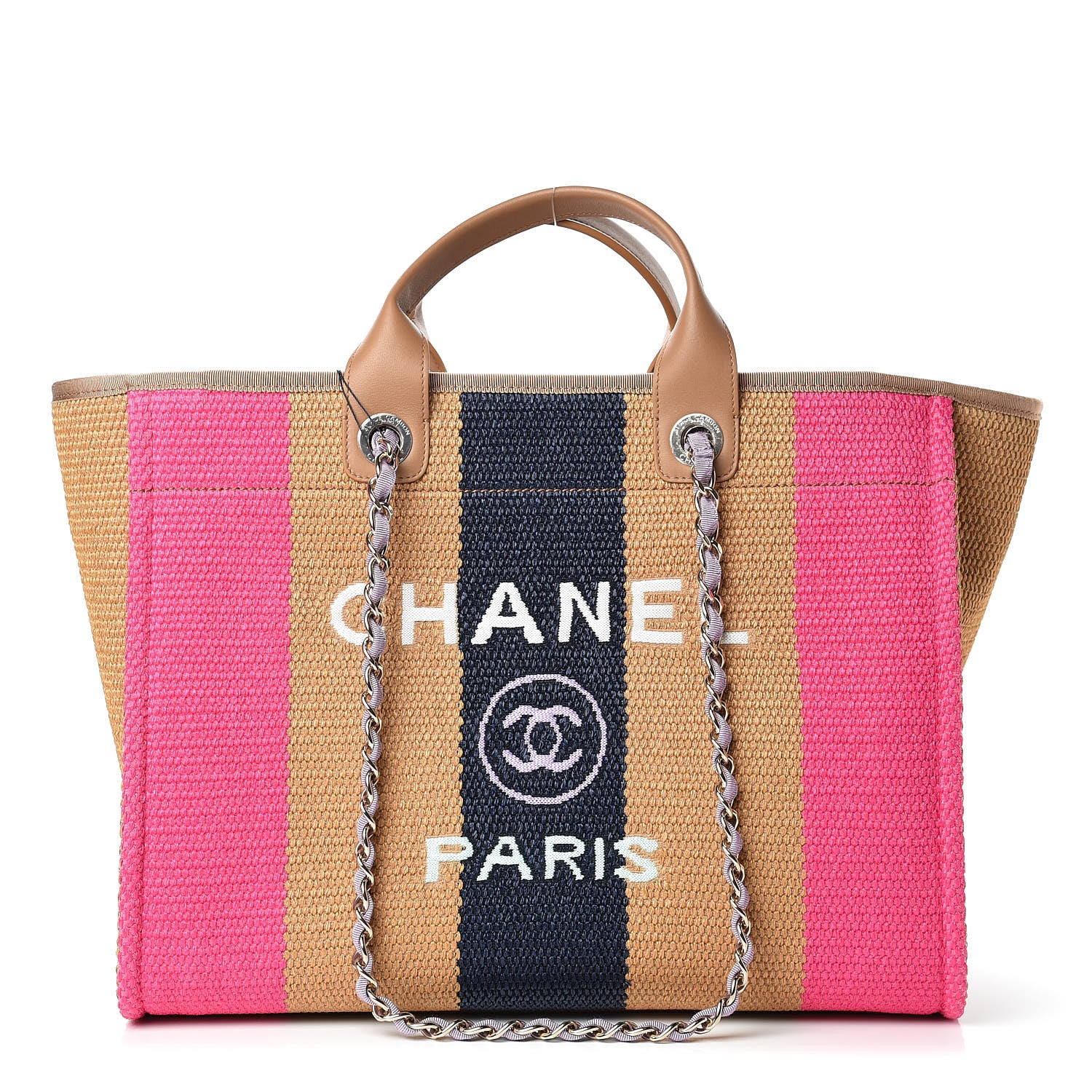 Chanel Straw Raffia Calfskin Striped Large Deauville Tote Dark Beige Fuchsia Navy Blue 1 of 12