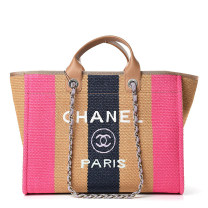 Chanel Straw Raffia Calfskin Striped Large Deauville Tote Dark Beige Fuchsia Navy Blue 1 of 12