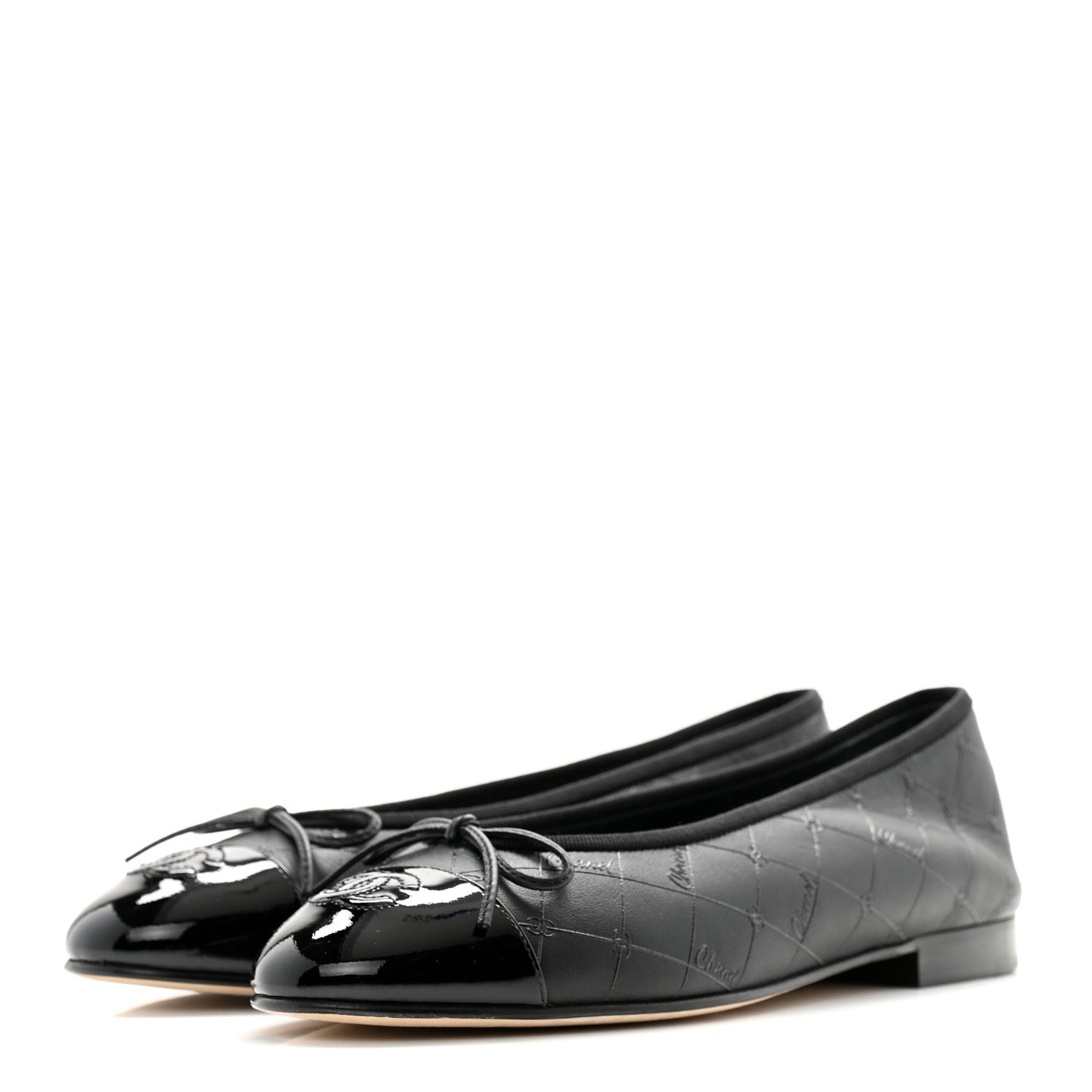 Printed Lambskin Patent Cap Toe Ballerina Flats 38 Black