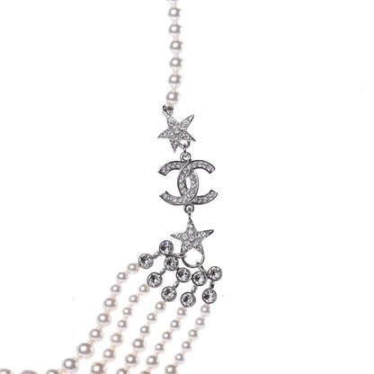 Chanel Pearl Crystal Star CC Multi Strand Necklace Pearly White Silver 3 of 5