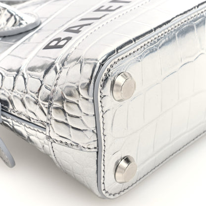 Balenciaga Metallic Calfskin Logo Crocodile Embossed XXS Ville Top Handle Bag Silver Black 8 of 9