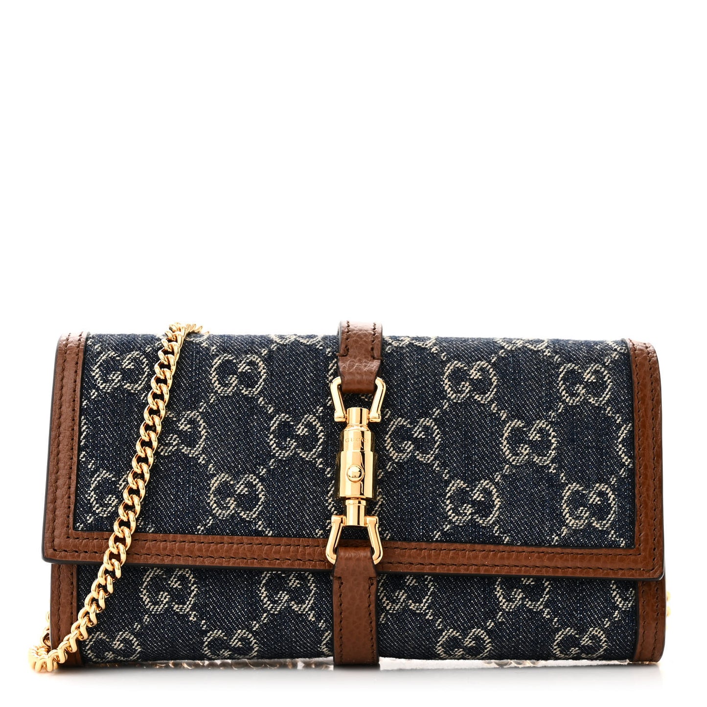 New Denim GG Monogram Jackie 1961 Chain Wallet Blue Tea Cuir