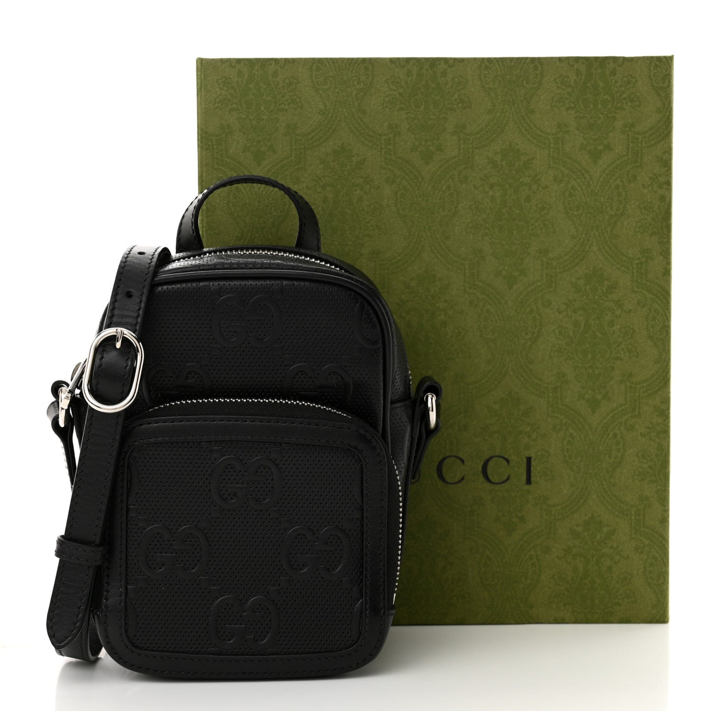 Calfskin GG Tennis Embossed Mini Double Zip Messenger Bag Black