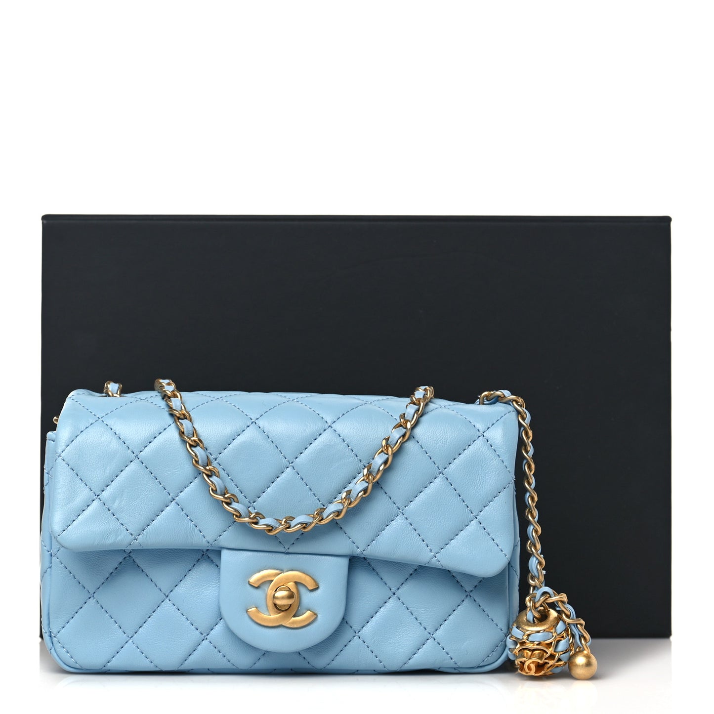 Lambskin Quilted Mini Rectangular Pearl Crush Flap Light Blue