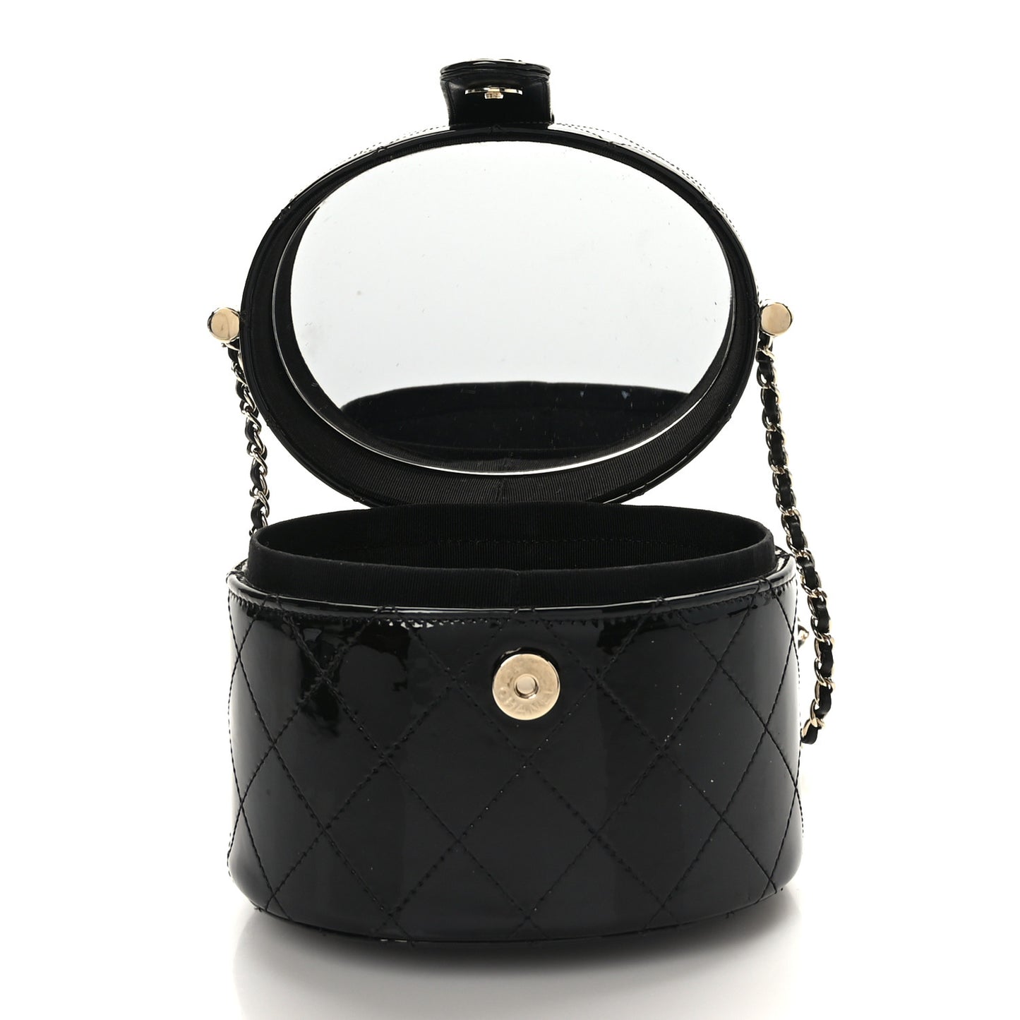 Patent Quilted Round Clutch With Chain Black
