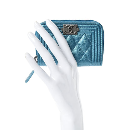 Chanel Metallic Caviar Quilted Boy Zip Around Coin Purse Wallet Turquoise 2 of 7