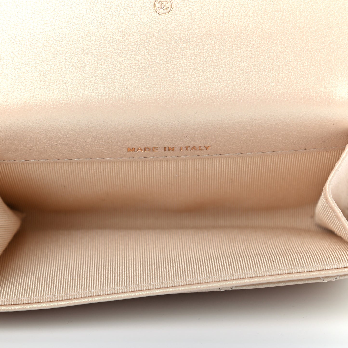 Iridescent Calfskin Quilted Flap Card Holder Wallet Beige