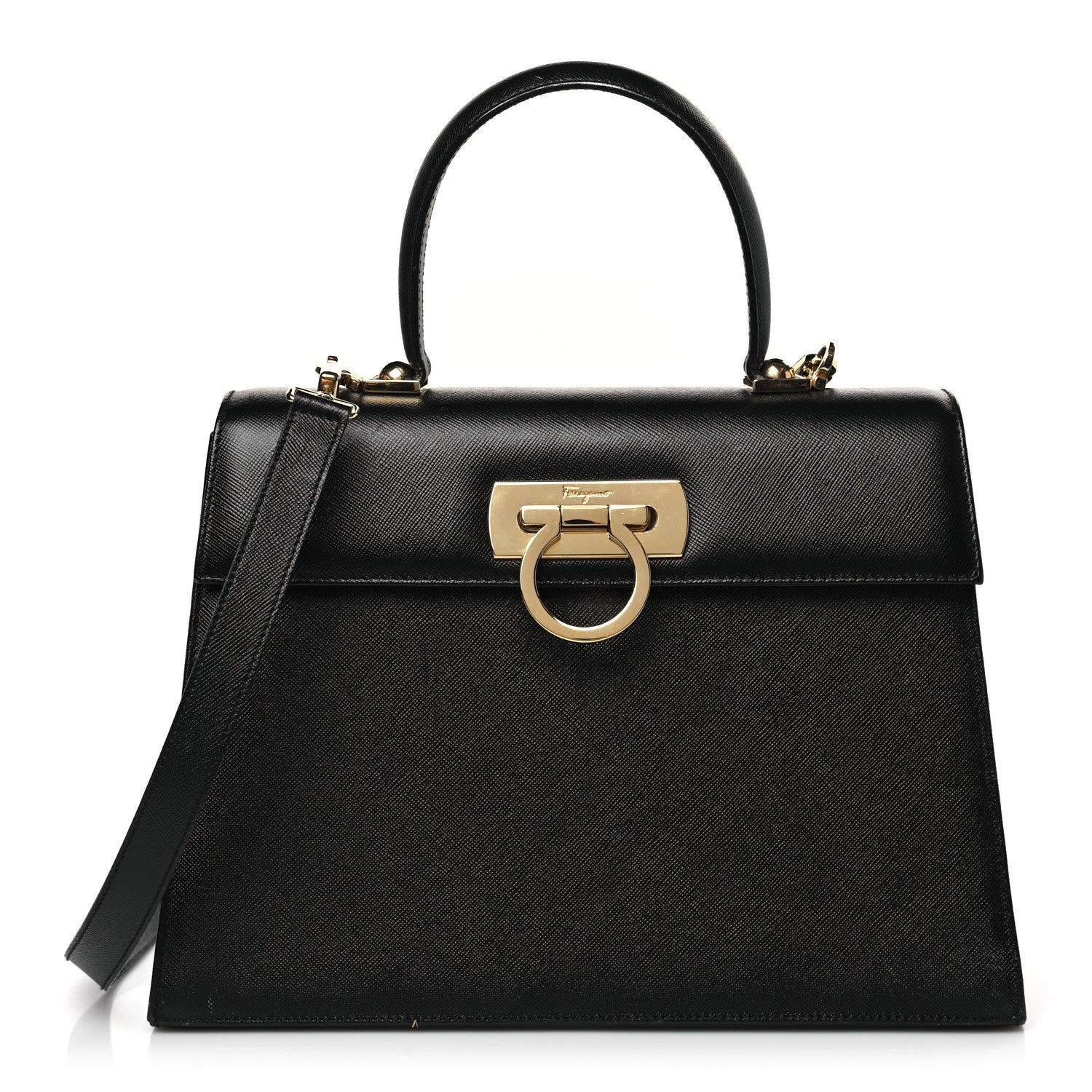 Salvatore Ferragamo Hammered Calfskin Iconic Large Top Handle Bag Black 1 of 10
