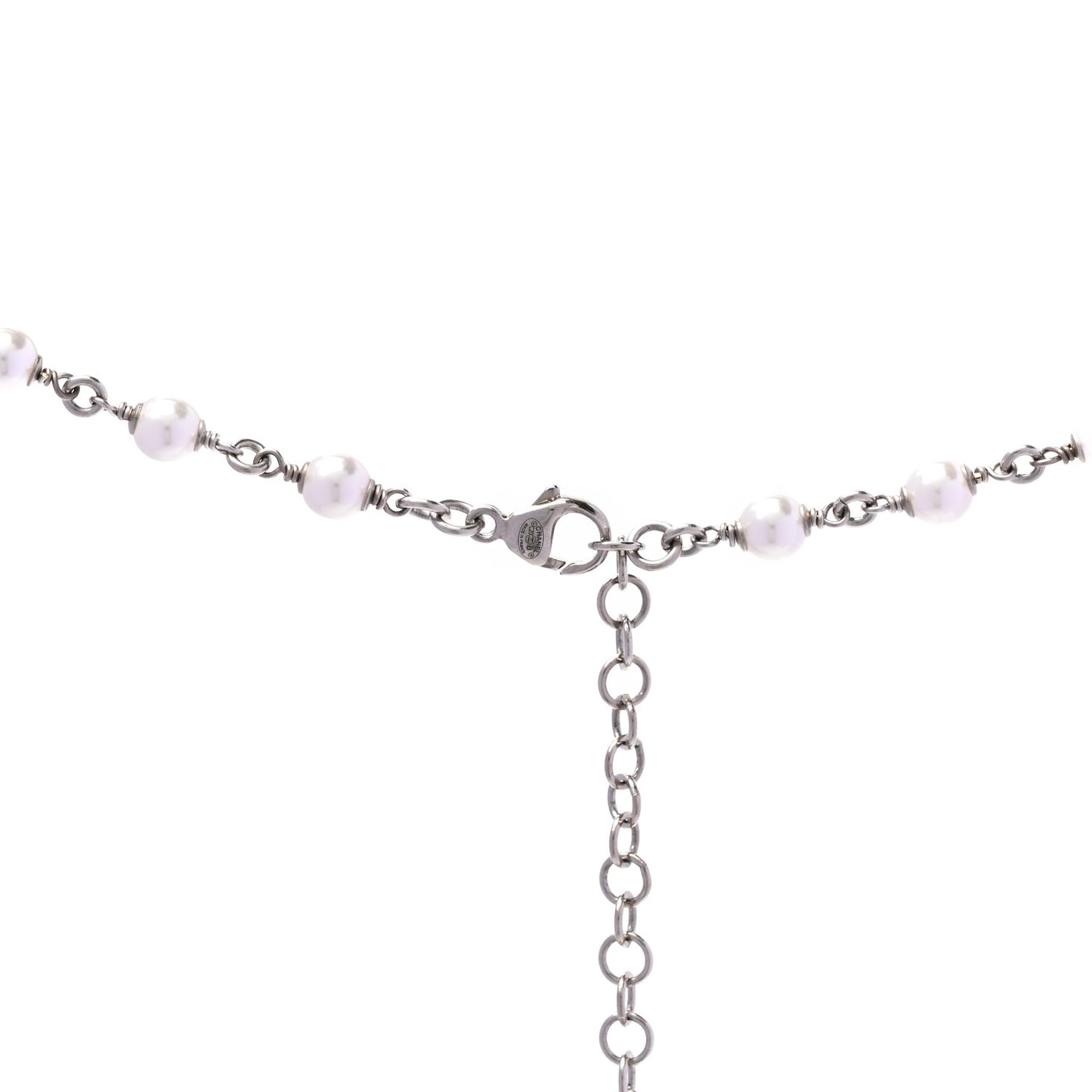 Metal Crystal Pearl CC Long Necklace Silver