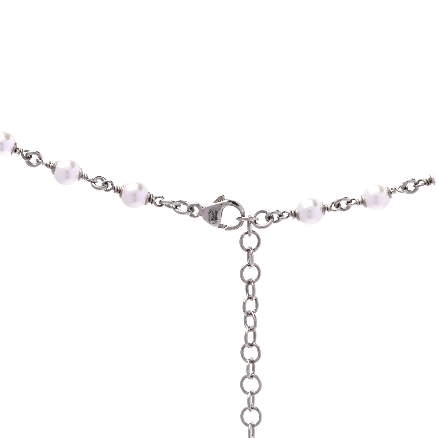 Chanel Metal Crystal Pearl CC Long Necklace Silver 5 of 5