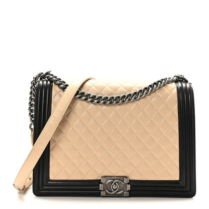 Chanel Lambskin Quilted Large Boy Flap Beige Black 1 of 9