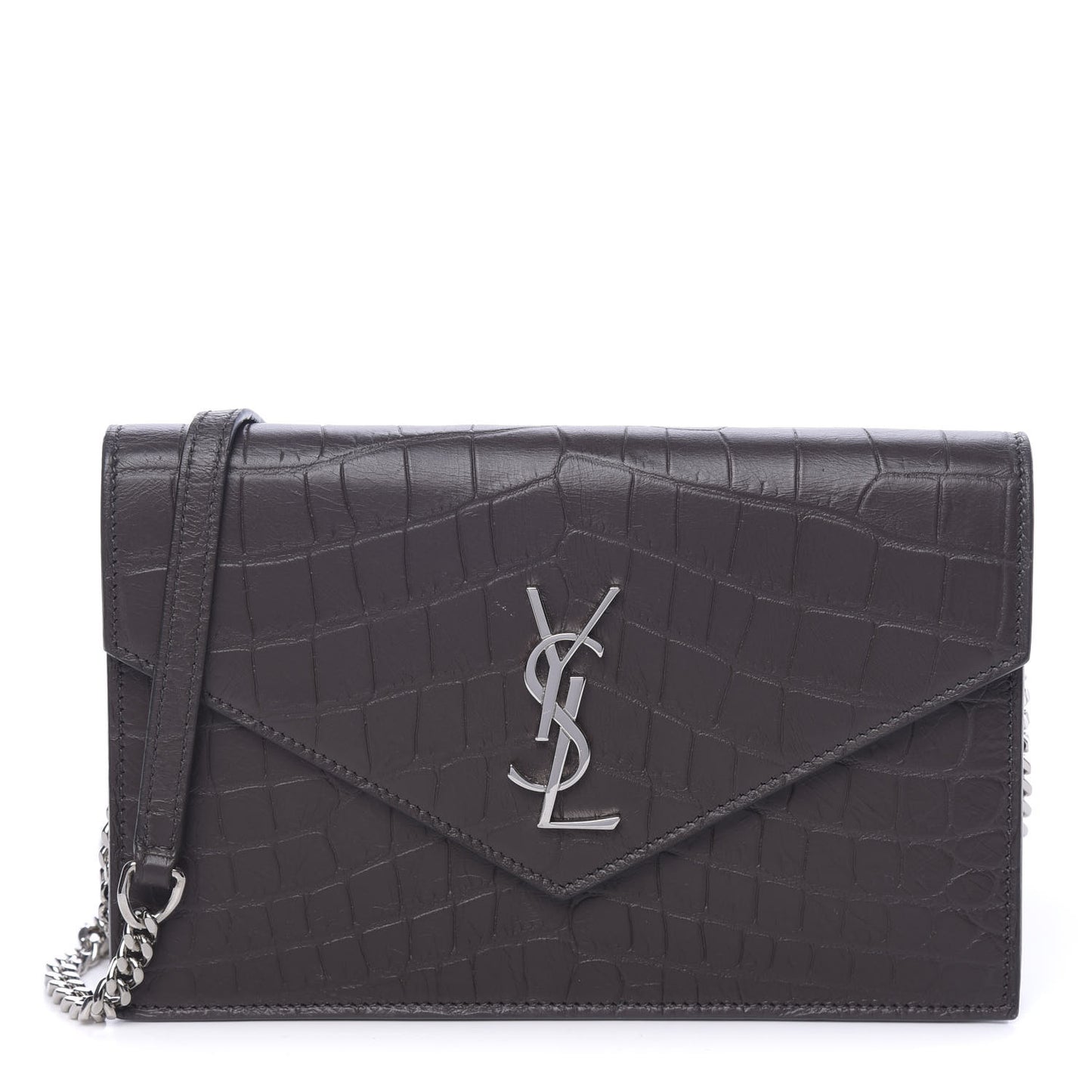Calfskin Crocodile Embossed Monogram Chain Wallet Dark Anthracite