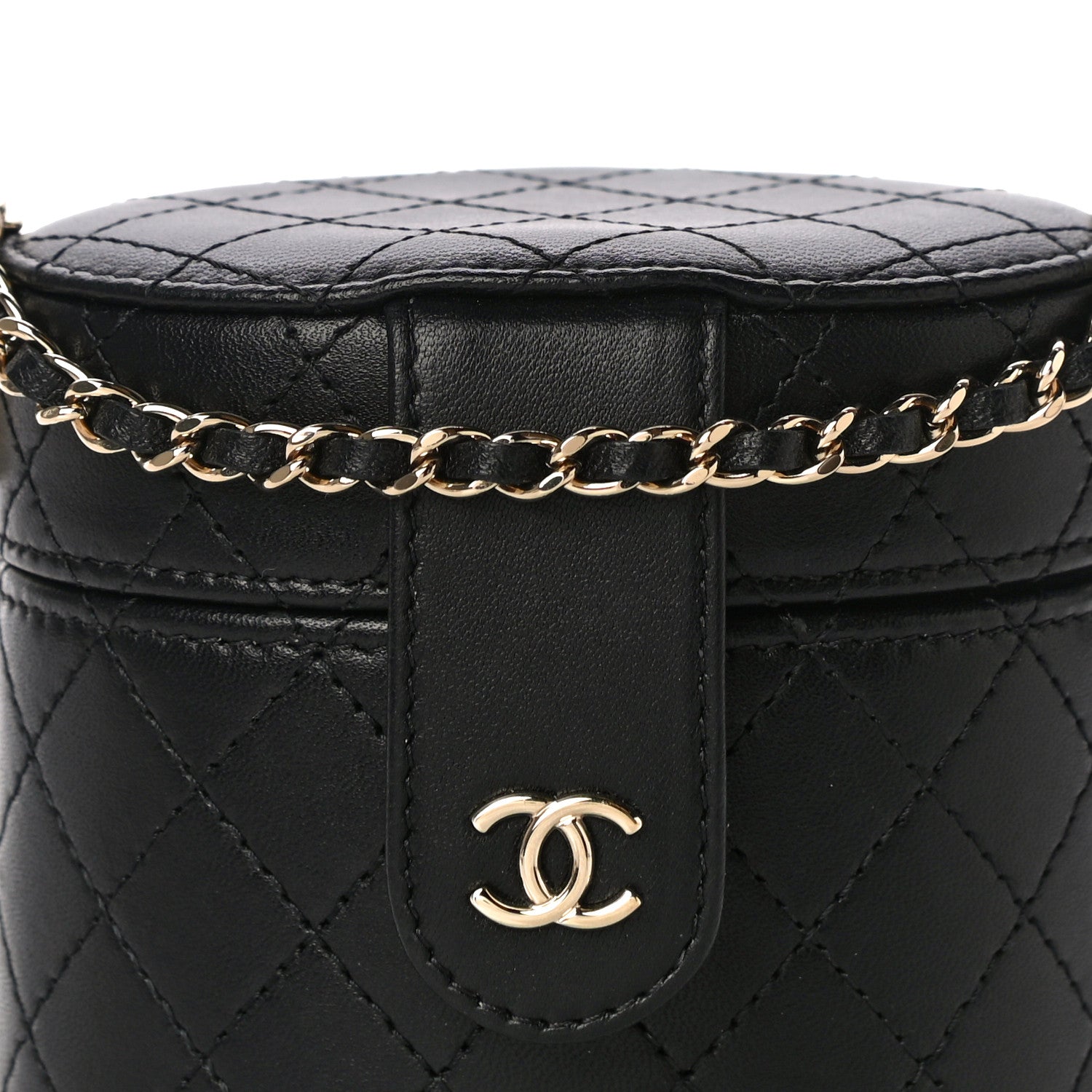 Chanel Lambskin Quilted Mini Round Vanity Case With Chain Black 9 of 14