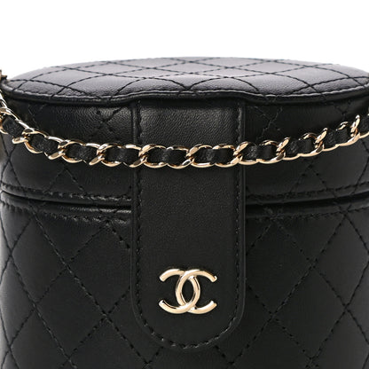 Chanel Lambskin Quilted Mini Round Vanity Case With Chain Black 9 of 14