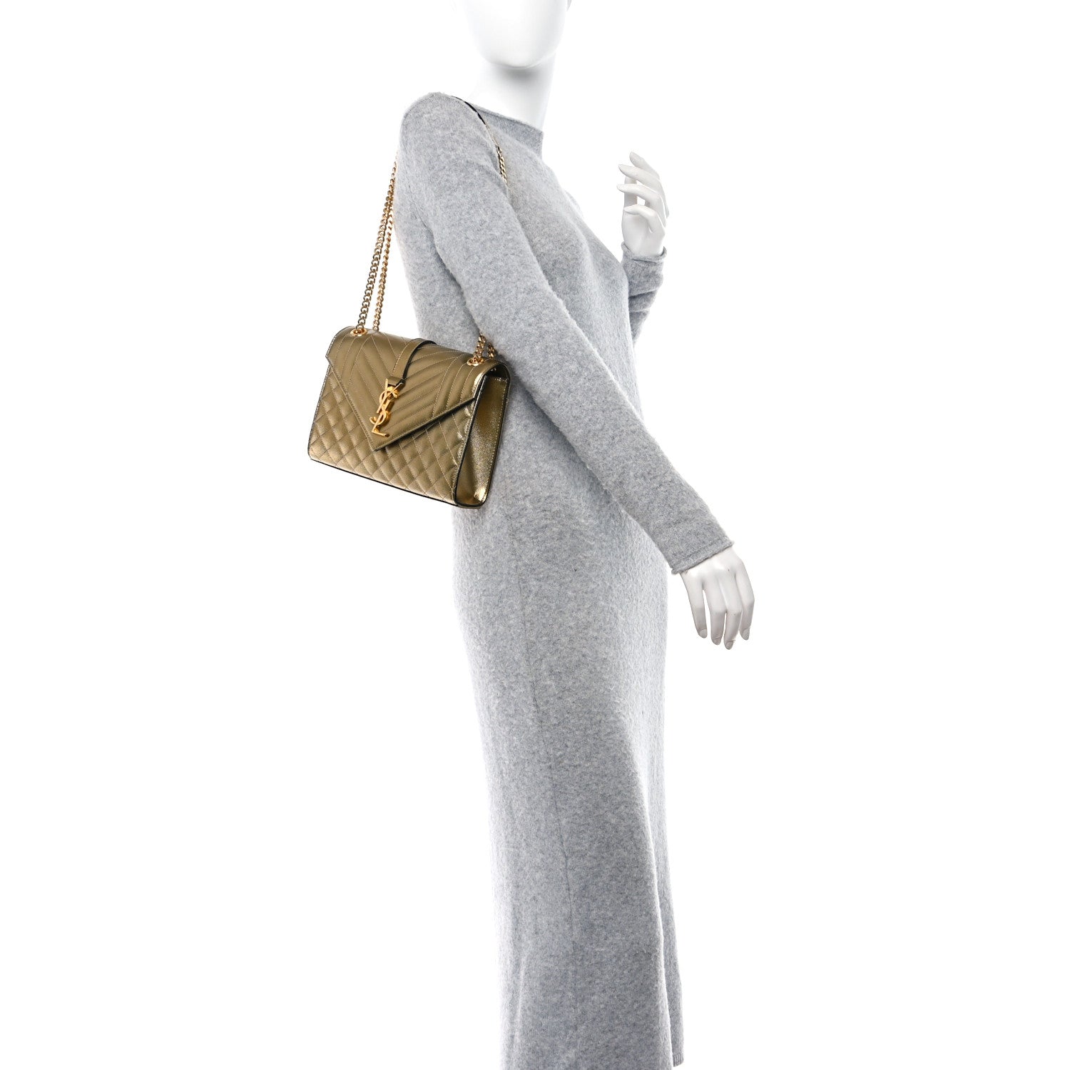 Saint Laurent Metallic Grain De Poudre Textured Mixed Matelasse Triquilt Medium Monogram Satchel Gold 2 of 9