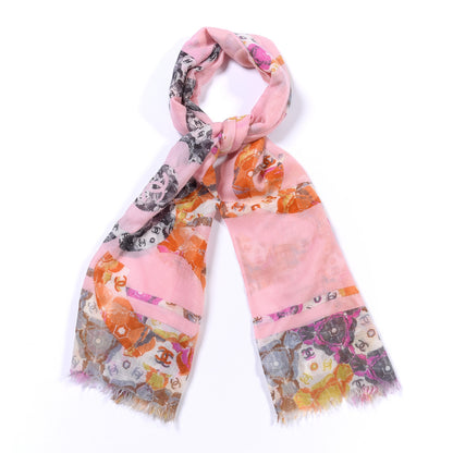 Chanel Cashmere Silk CC Camellia Fringe Scarf Pink 1 of 4