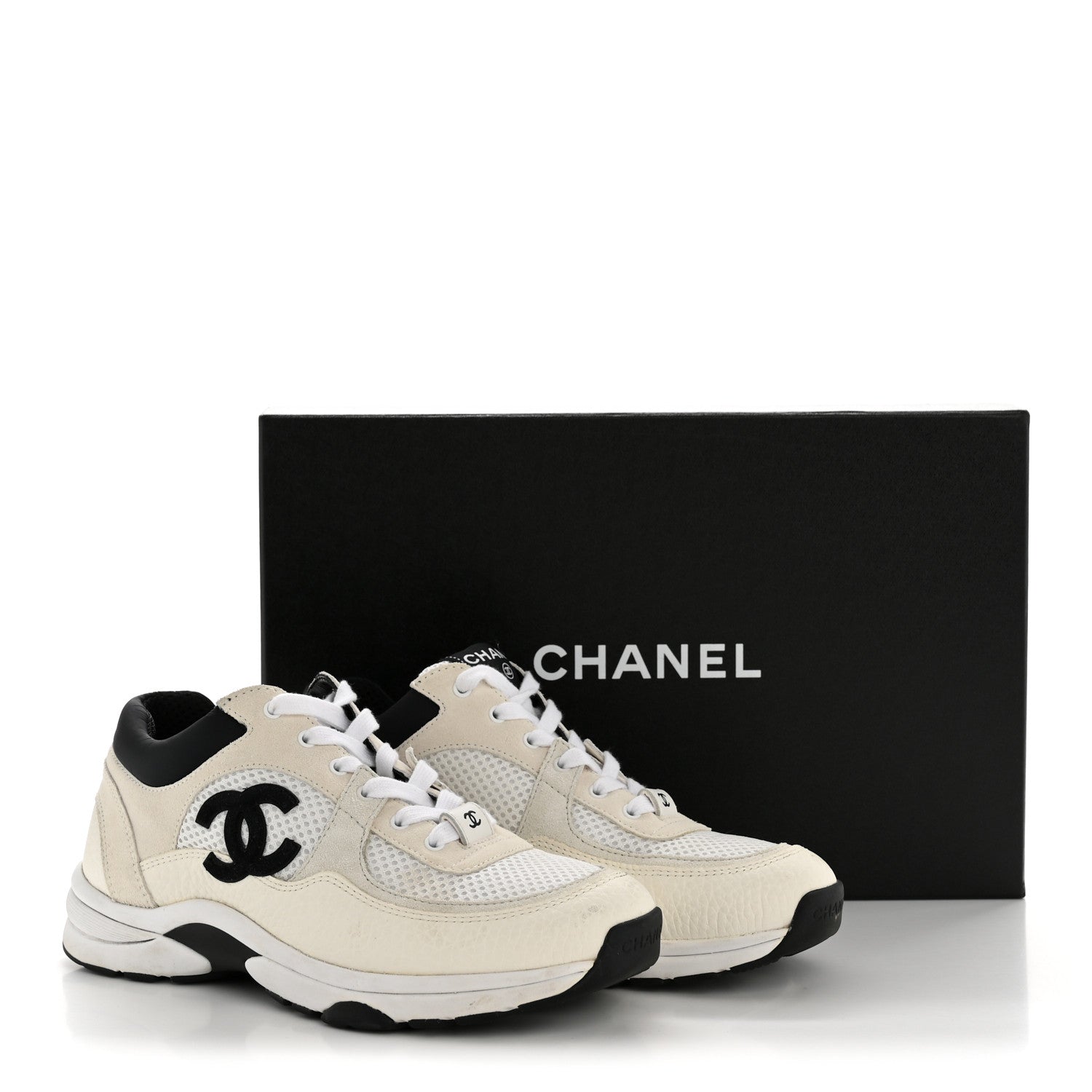 Chanel Mesh Suede Grained Calfskin Womens CC Sneakers 36.5 White Black 9 of 9