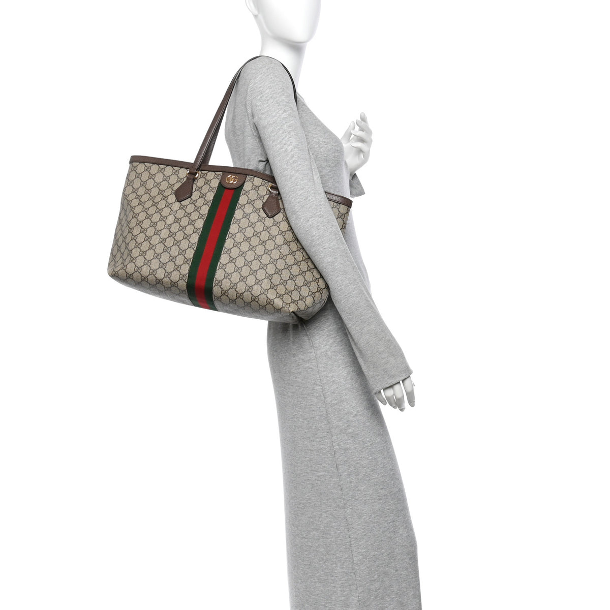 GG Supreme Monogram Textured Calfskin Web Medium Ophidia Shopping Tote Beige Ebony New Acero