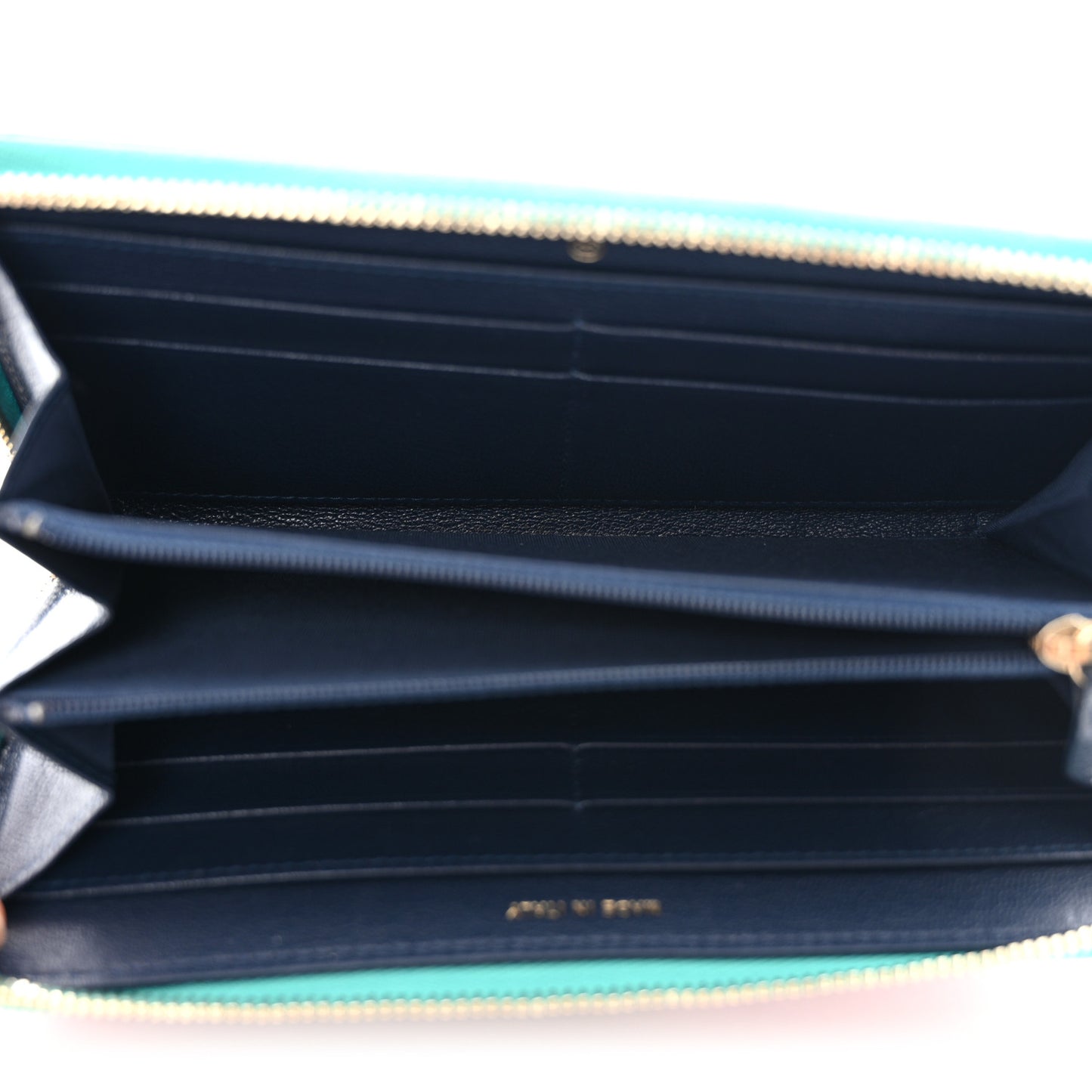 Goatskin Quilted Tri-Color In & Out Zip Around Wallet Navy Turquoise Pink