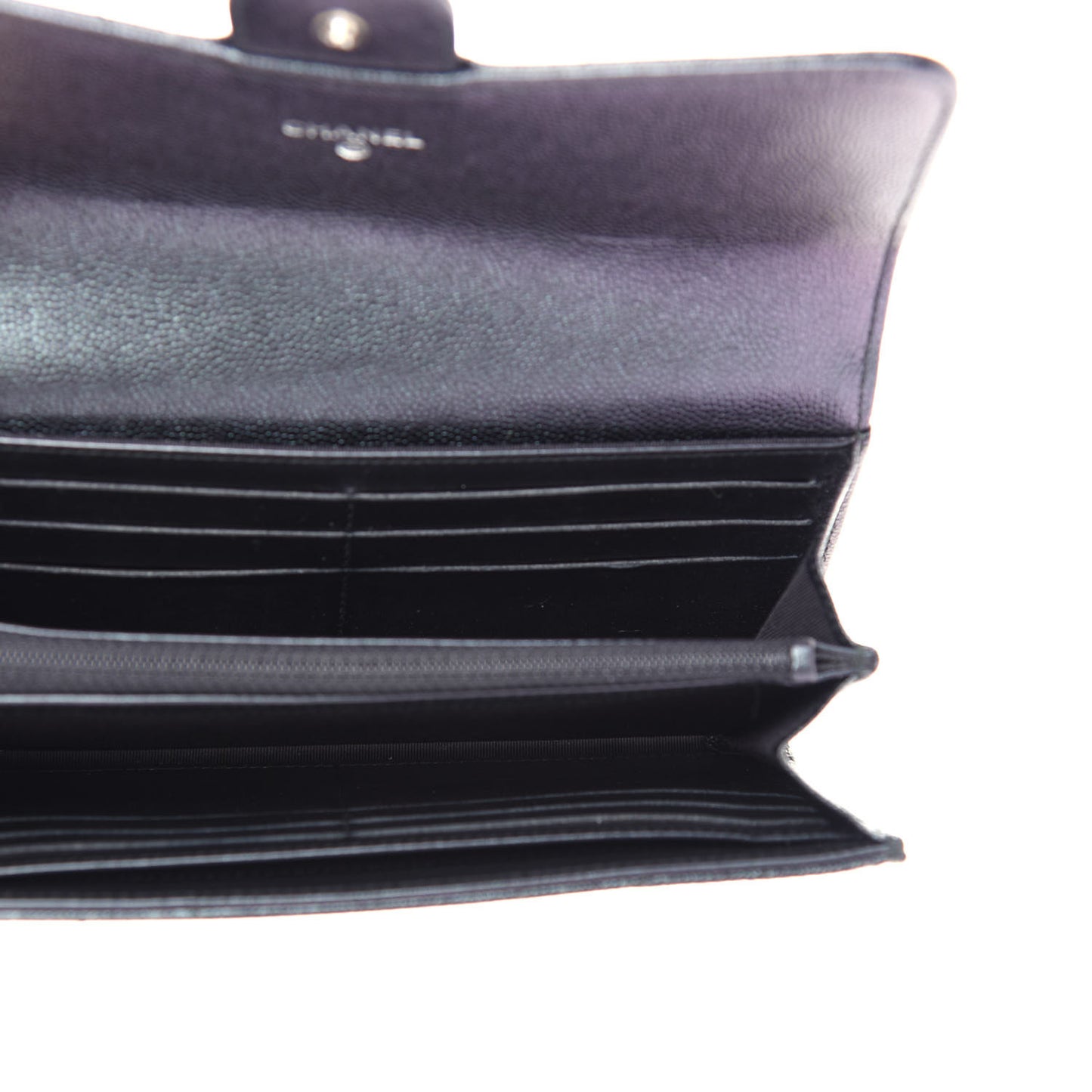 Iridescent Caviar Chevron Quilted Large Gusset Flap Wallet Black