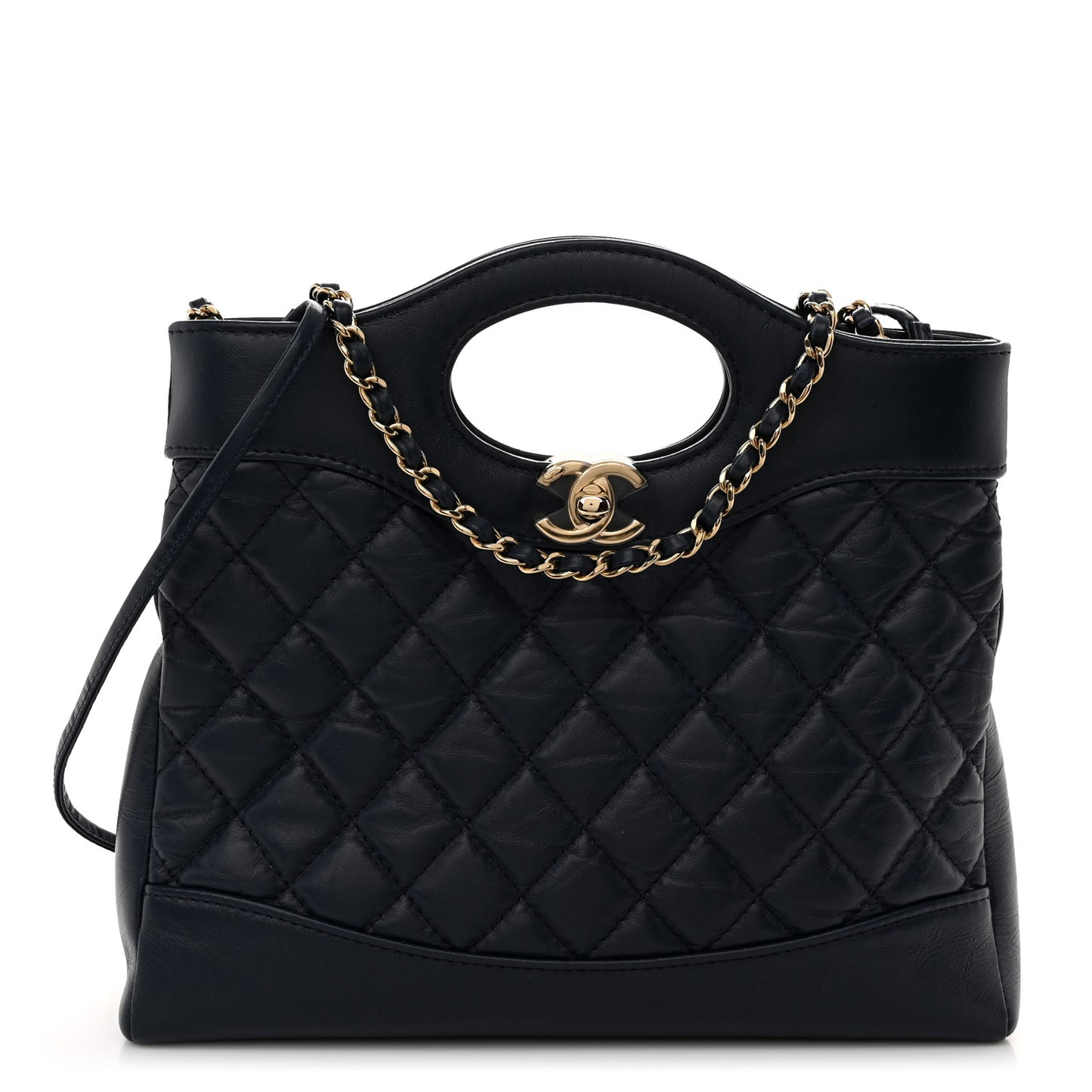Shiny Crumpled Calfskin Quilted Mini 31 Shopping Bag Navy Blue