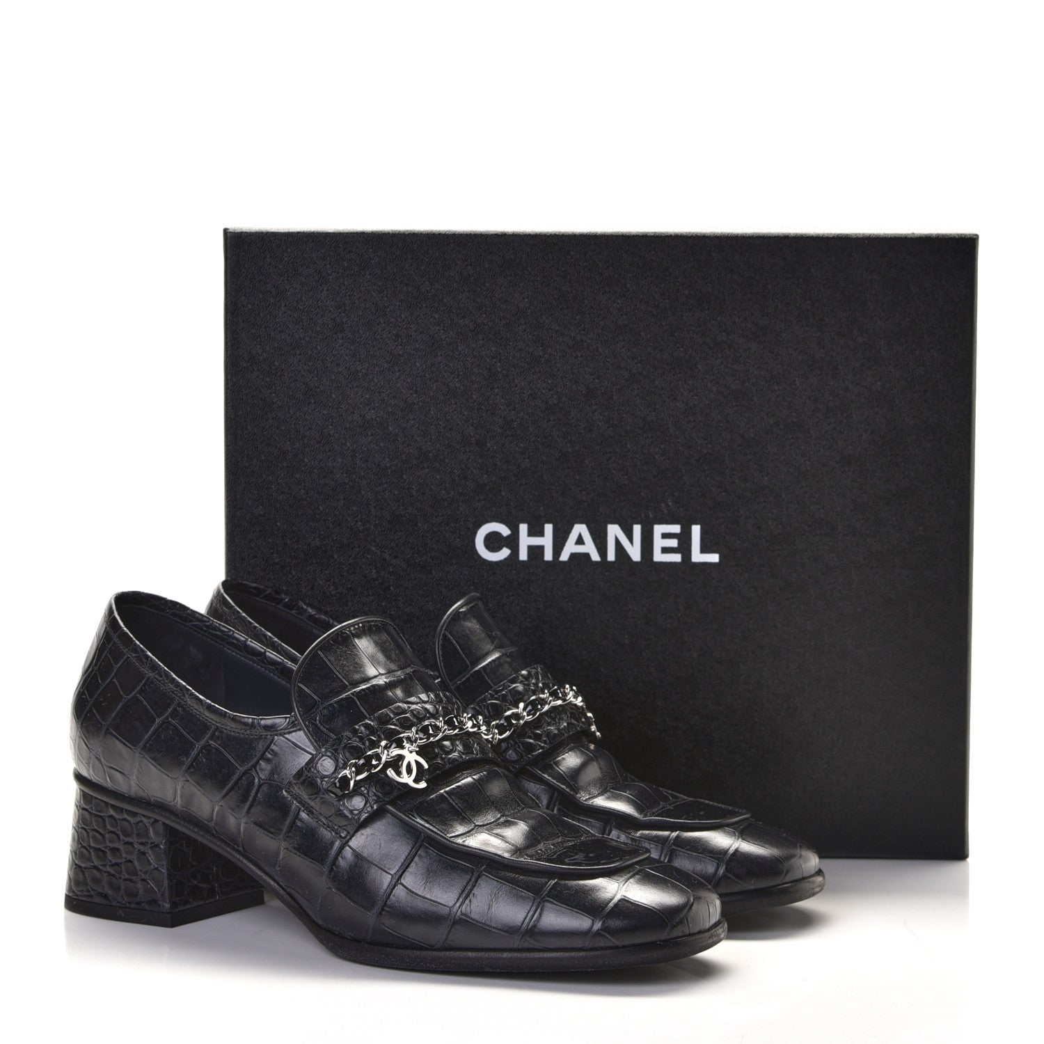 Chanel Calfskin Crocodile Embossed CC Chain Mocassin Loafers 40 Navy 11 of 11