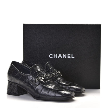 Chanel Calfskin Crocodile Embossed CC Chain Mocassin Loafers 40 Navy 11 of 11