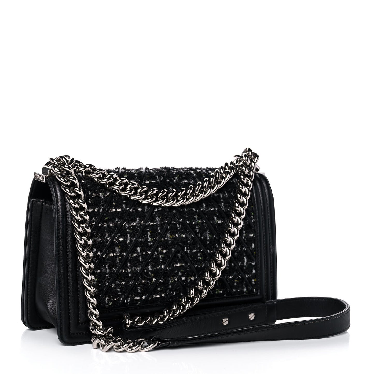 Lambskin Tweed Woven Medium Chevron Boy Flap Black