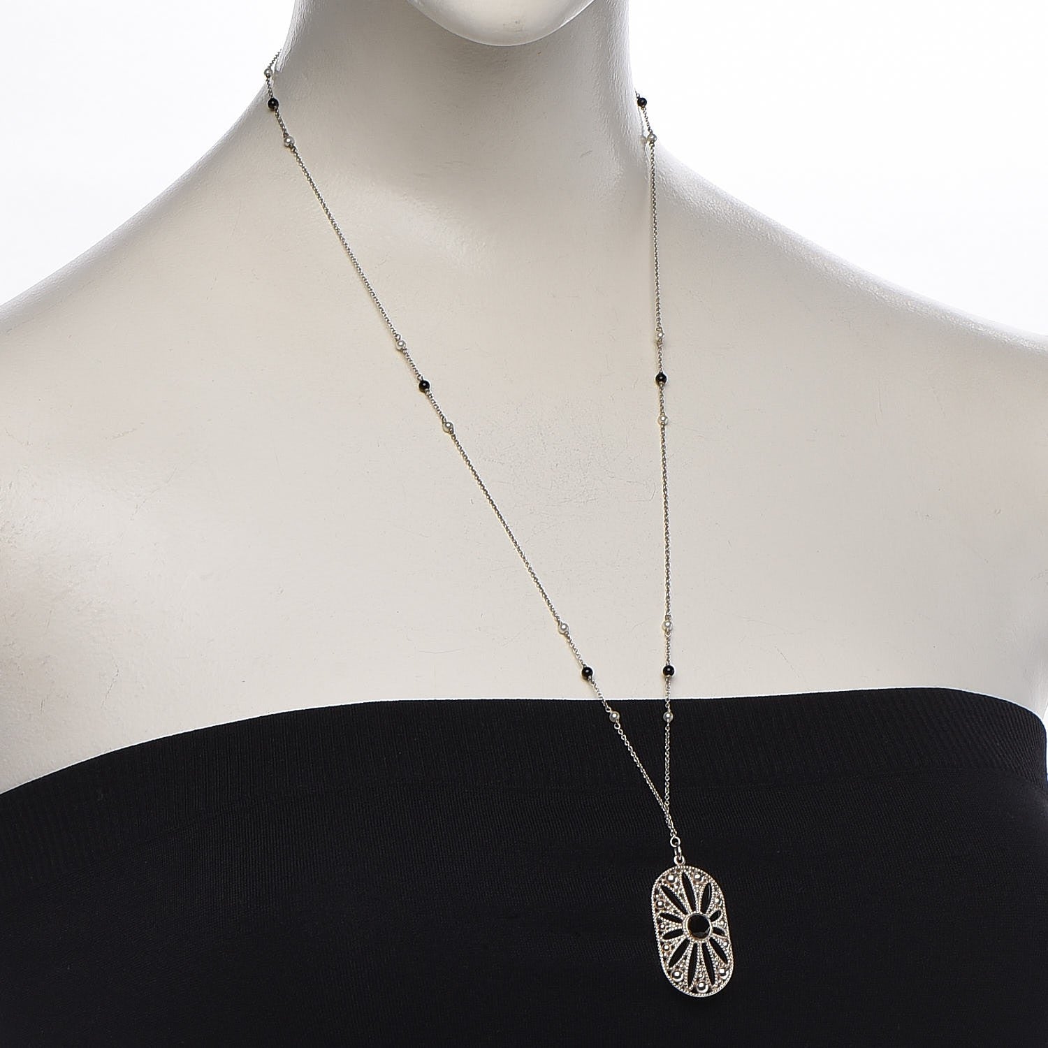 Tiffany Sterling Silver Black Onyx Pearl Ziegfeld Daisy Pendant Necklace 2 of 8