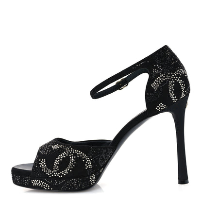 Chanel Suede Kidskin Strass CC Platform Sandals 40 Black Silver 1 of 10