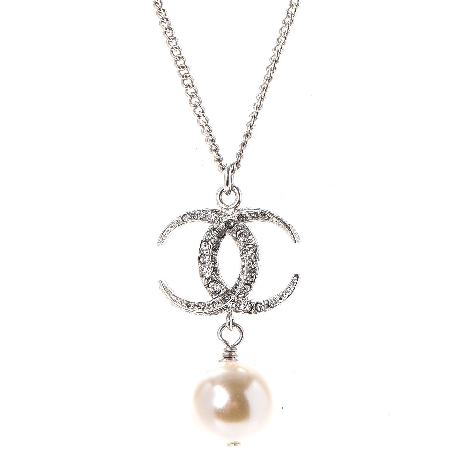Chanel Crystal CC Pearl Drop Necklace Silver 4 of 6