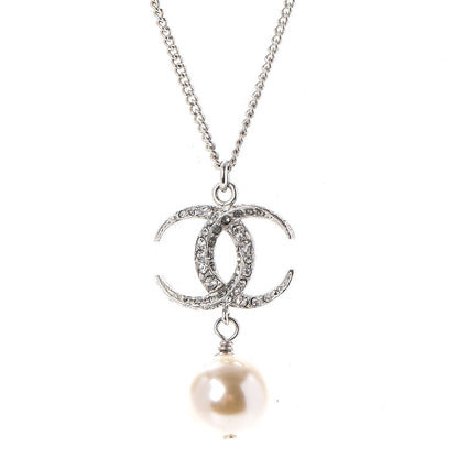 Chanel Crystal CC Pearl Drop Necklace Silver 4 of 6
