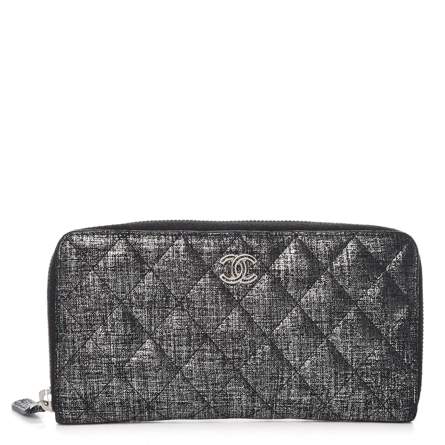 Metallic Fabric Quilted Zip Around Wallet Silver Black