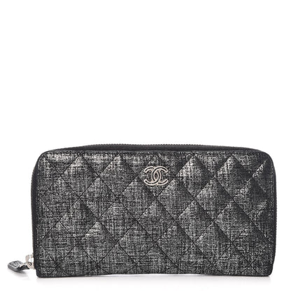 Chanel Metallic Fabric Quilted Zip Around Wallet Silver Black 1 of 8