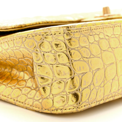 Chanel Metallic Calfskin Crocodile Embossed Cocodile Medium Double Flap Gold 9 of 12